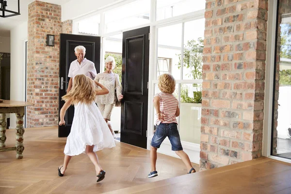 Deux Enfants Excités Précipitent Pour Rencontrer Des Grands Parents Visiteurs — Photo