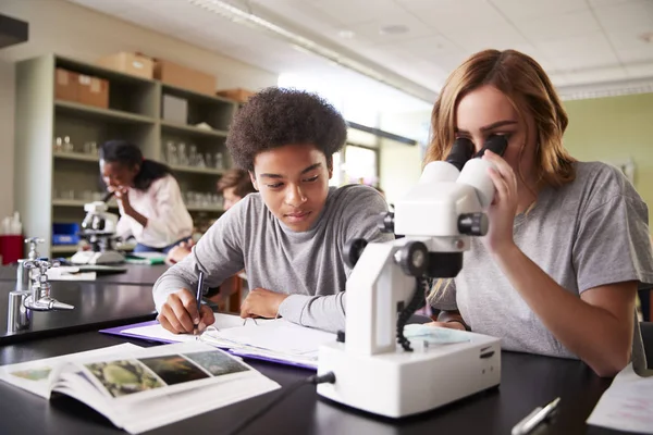 Estudantes Ensino Médio Olhando Através Microscópio Aula Biologia — Fotografia de Stock