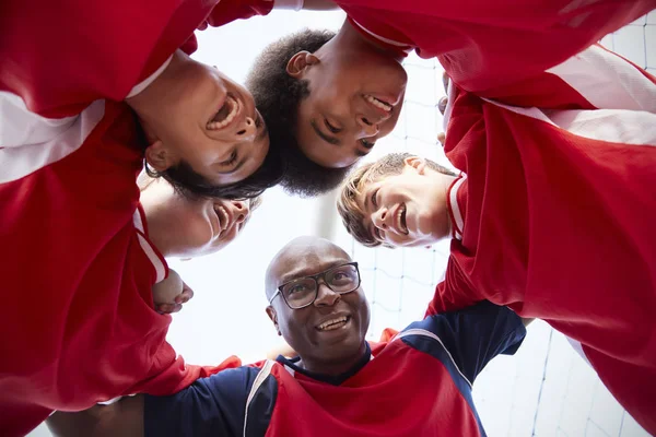 Low Angle View Male High School Soccer Players Coach Having — Stock Photo, Image