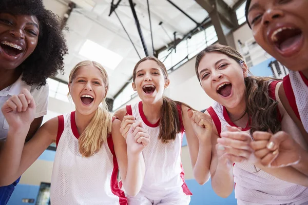 Retrato Equipe Basquete Ensino Médio Feminino Comemorando Com Treinador — Fotografia de Stock