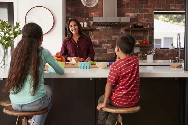 Μητέρα Κάνει Σχολικά Γεύματα Για Παιδιά Στην Κουζίνα Στο Σπίτι — Φωτογραφία Αρχείου