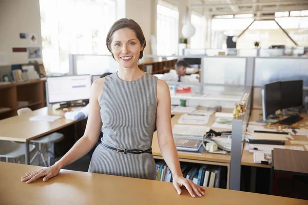 Jonge Vrouwelijke Architect Open Plan Office Glimlachend Camera — Stockfoto