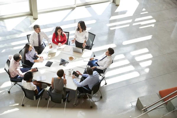 Businesswoman Addressing Team Meeting Elevated View — Stock Photo, Image