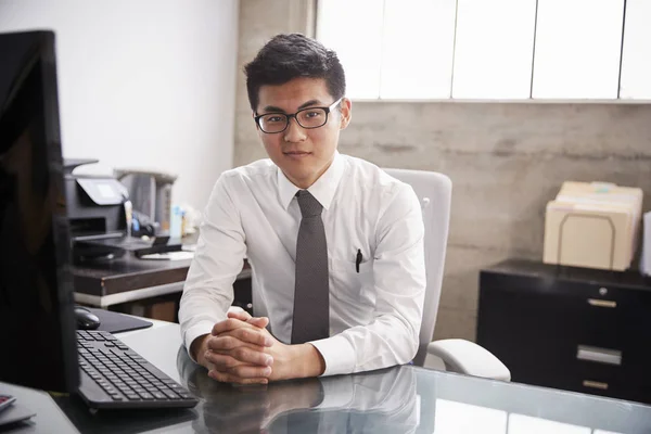 Jonge Zakenman Aan Het Bureau Camera Kijken — Stockfoto