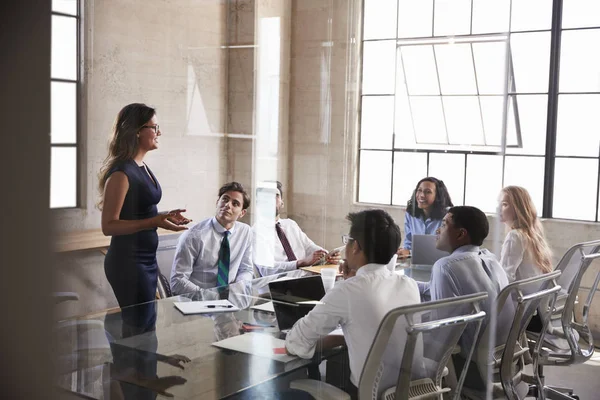 Businesswoman Addressing Colleagues Meeting Side View — Stock Photo, Image