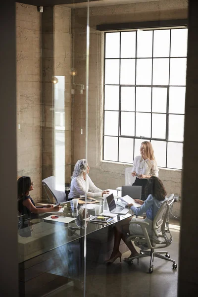 Mujer Negocios Dirigiéndose Sus Colegas Reunión Visto Través Ventana — Foto de Stock