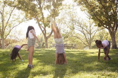 Four young girlfriends doing handstands together in park clipart