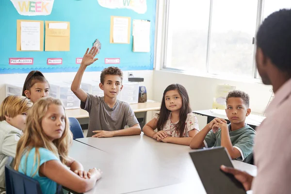 Studente Alzando Mano Rispondere Nella Classe Della Scuola Elementare — Foto Stock