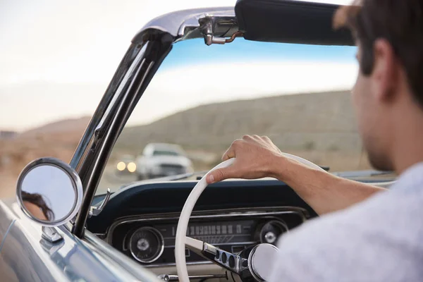 Rear View Man Road Trip Driving Classic Convertible Car Sunset — Stock Photo, Image