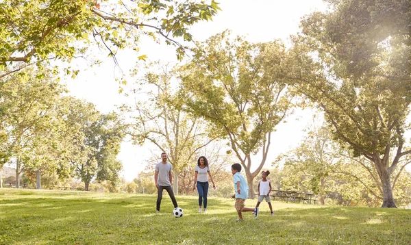 公園でサッカーを一緒に再生家族 — ストック写真