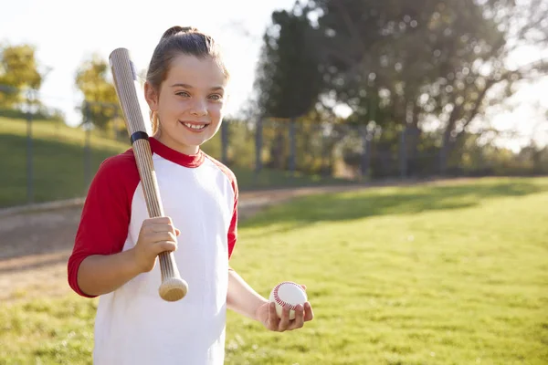 Young Girl Holding Baseball Baseball Bat Looking Camera — Stock Photo, Image