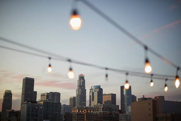 View Los Angeles Skyline Sunset String Lights Foreground — стоковое фото