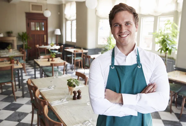 Portrait Male Restaurant Manager Empty Dining Room — Stock Photo, Image