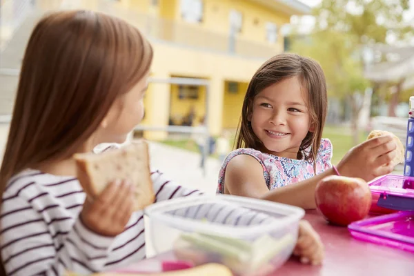 Δύο Νέοι Μαθήτριες Που Τρώει Μεσημεριανό Γεύμα Πακέτο Ψάχνει Κάθε — Φωτογραφία Αρχείου