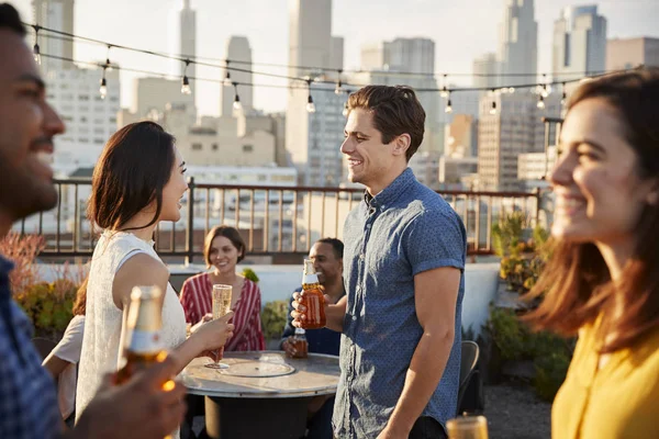 Friends Gathered Rooftop Terrace Party City Skyline Background — Stock Photo, Image