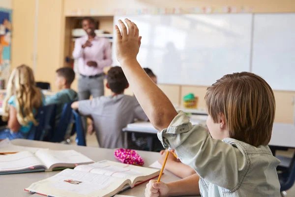 Schoolboy Levantando Mão Para Responder Pergunta Aula Escola — Fotografia de Stock
