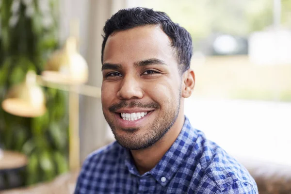 Young Man Coffee Shop Smiling Camera — Stock Photo, Image