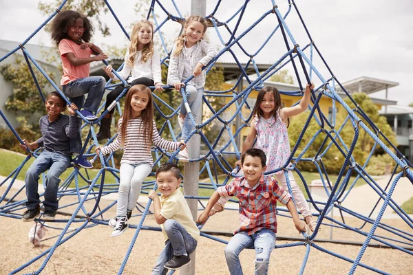 Elementary School Kids Climbing School Playground — Stock Photo, Image