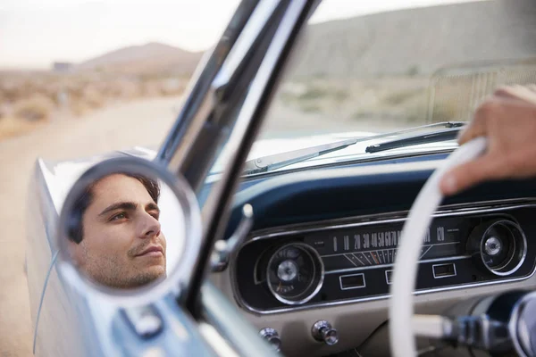 Man Road Trip Driving Classic Convertible Car Reflected Wing Mirror — Stock Photo, Image