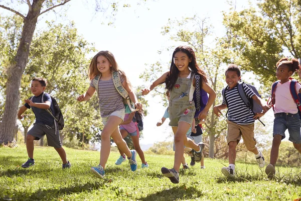 Grupo Multi Étnico Crianças Idade Escolar Que Correm Parque — Fotografia de Stock