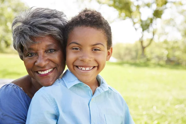 Portrait Grandmother Grandson Relaxing Park — Stock Photo, Image