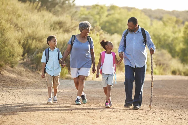 Abuelos Con Nietos Con Mochilas Senderismo Campo Juntos —  Fotos de Stock