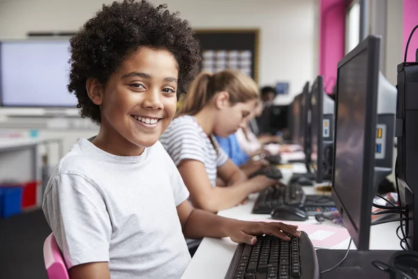 Portrait Smiling Male Pupil Sitting Line High School Students Working — Stock Photo, Image