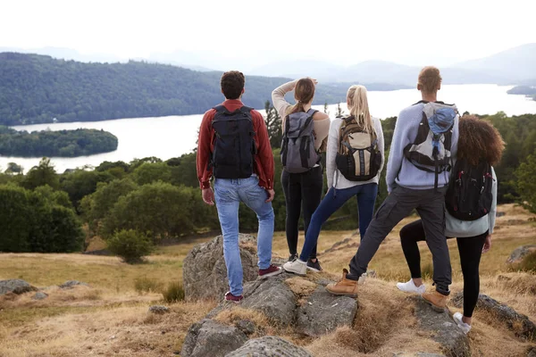 Gruppo Cinque Giovani Amici Adulti Razza Mista Che Ammirano Vista — Foto Stock