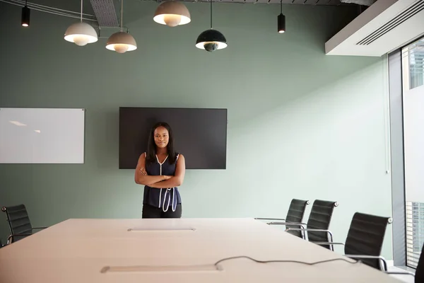 Retrato Jovem Empresária Lado Mesa Boardroom Dia Avaliação Recrutamento Pós — Fotografia de Stock