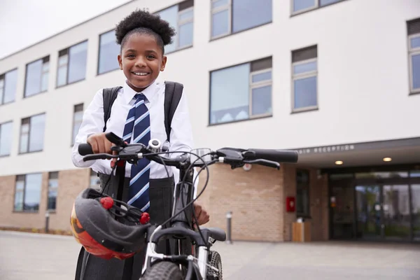 Африканская Американская Девочка Портрет Студентки Старшей Школы Униформе Велосипедом Вне — стоковое фото