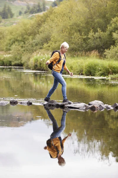 Senior Kvinna Med Ryggsäck Korsar Floden Medan Vandring Storbritannien Lake — Stockfoto