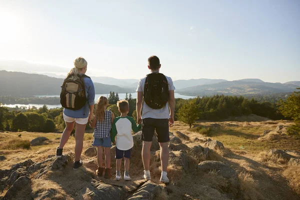 Vue Arrière Famille Debout Sommet Colline — Photo