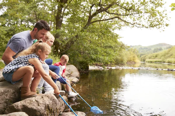 英国湖水地方の川で網を用いた家族釣り — ストック写真