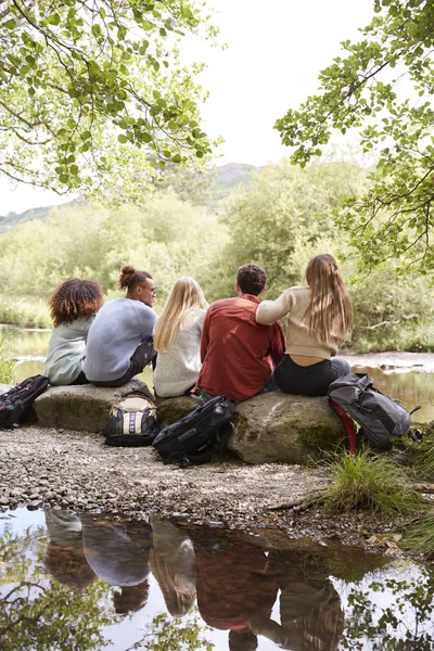 stock image Five young adult friends taking a break sitting on rocks by a stream during a hike, back view, vertical