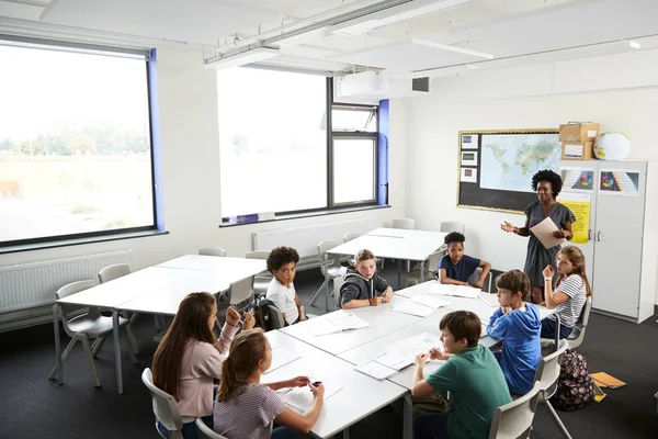 Θηλυκό Γυμνάσιο Δάσκαλος Στέκεται Από Πίνακα Φοιτητές Διδασκαλία Μαθήματος — Φωτογραφία Αρχείου