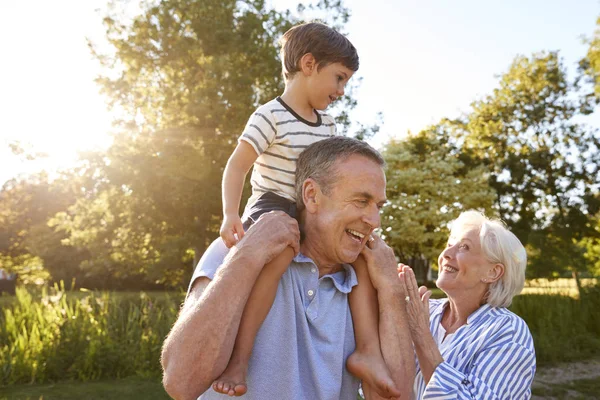 Großeltern Spielen Mit Enkel Und Reiten Auf Schultern Sommerpark Gegen — Stockfoto