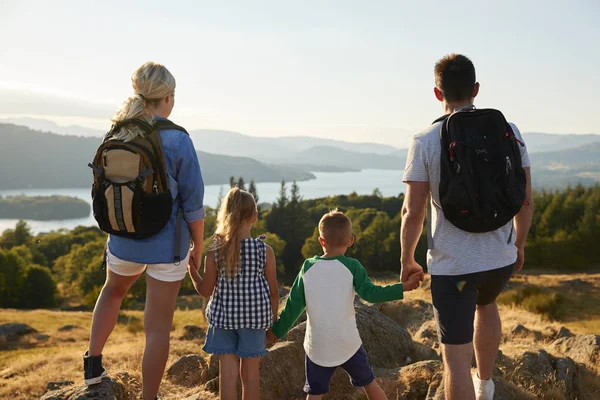 Bakre Över Familjen Stående Toppen Kullen Vandring Genom Landsbygden Lake — Stockfoto