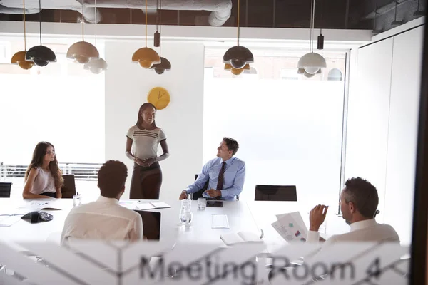 Businesswoman Giving Boardroom Presentation Viewed Meeting Room Window — Stock Photo, Image