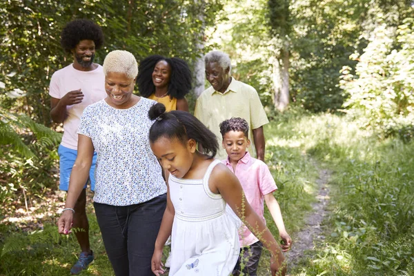 Schwarzes Mädchen Spaziert Mit Oma Und Familie Wald — Stockfoto