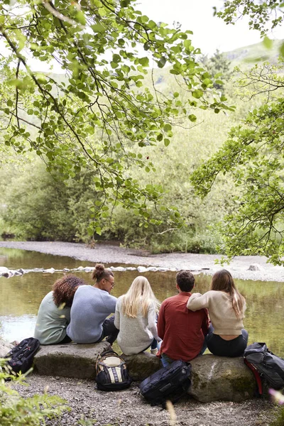 Five young adult friends taking a break sitting on rocks by a stream during a hike, back view, vertical