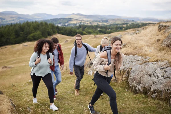 Multiethnische Gruppe Von Fünf Jungen Erwachsenen Freunden Wandert Über Ein — Stockfoto