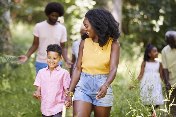 Madre Hijo Afroamericanos Caminan Con Familia Amigos Bosque — Foto de Stock