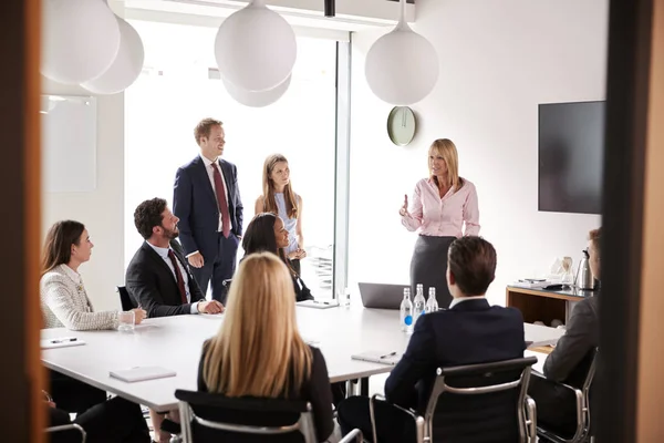 Mujer Negocios Madura Dirigiéndose Reunión Grupo Alrededor Mesa Día Evaluación —  Fotos de Stock