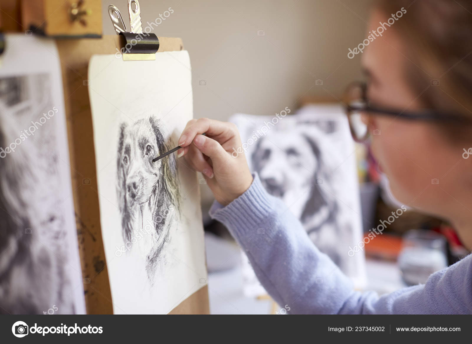 Side View Female Teenage Artist Sitting Easel Drawing Picture Dog Stock Photo Image By C Monkeybusiness 237345002