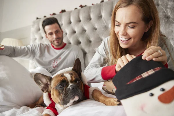 一对夫妇在家里的床与狗穿着圣诞老人服装开幕礼物在圣诞节 — 图库照片