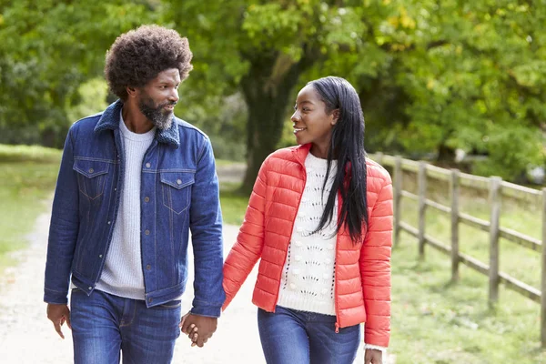 Zwart Volwassen Paar Vriend Vriendin Lopen Hand Hand Het Platteland — Stockfoto