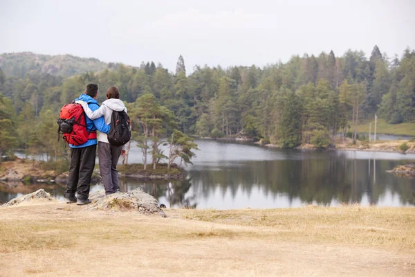 Genç Yetişkin Çift Ayakta Bir Kayaya Hayran Lakeside Görünümü Arkadan — Stok fotoğraf