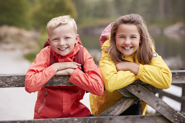 Due Bambini Appoggiati Recinto Legno Campagna Sorridenti Alla Macchina Fotografica — Foto Stock