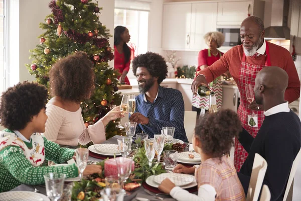 Família Conversando Levantando Copos Mesa Jantar Durante Uma Multi Geração — Fotografia de Stock