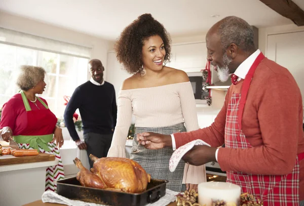 混血シニアと若い大人の家族 一緒にクリスマス ディナーを準備している間は台所で話をクローズ アップ — ストック写真